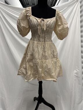 Elan Beige and White Striped Puff Sleeve Dress